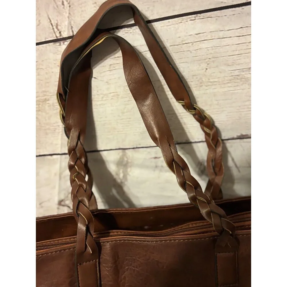 WEIMEIBAIGE Brown Leather Large Classy Chic Tote Handbag